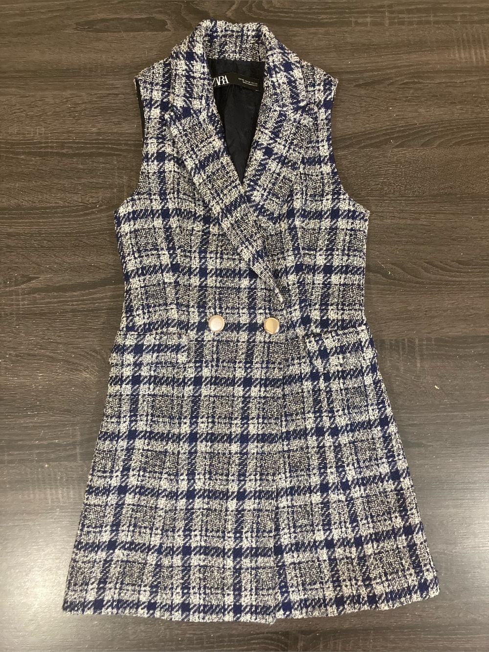 Zara Navy & White Plaid Tweed Sleeveless Shift Dress